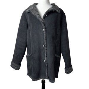 LL Bean Women's Coat Faux Suede Shearling Sherpa Lined Black Jacket Size L